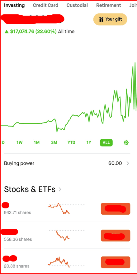 Brokerage portfolio screenshot for Shaleen Shah: all-time gain up $17,074.76 or 22.60 percent as of July 20, 2026. Account name and holdings identifiers are redacted.