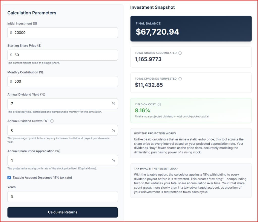 Definitive Calc Dividend Reinvestment tool showing a 5-year REIT simulation