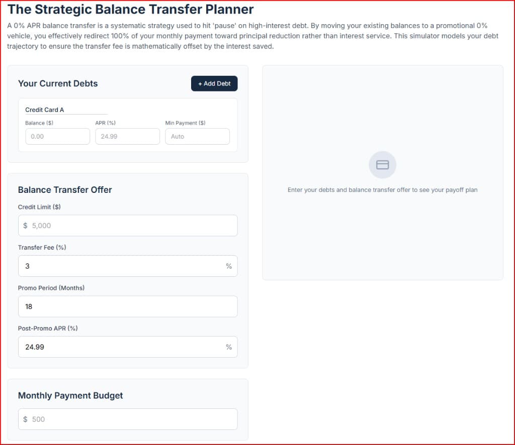 Balance Transfer Payoff Calculator interface displaying debt payment fields.