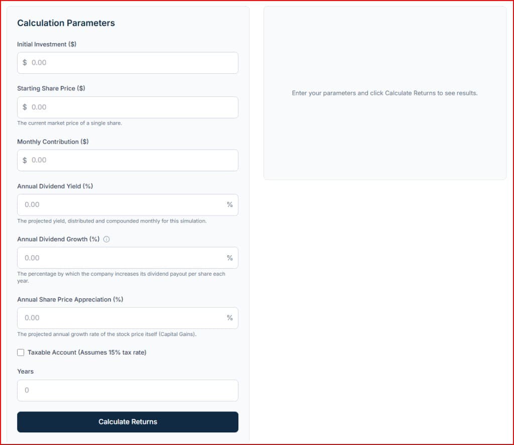 A clean, blank user interface screenshot of the Definitive Calc Dividend Reinvestment Calculator (DRIP). The left 'Inputs' panel features seven fields in this vertical order: Initial Investment, Starting Share Price, Monthly Contribution, Annual Dividend Yield, Annual Dividend Growth, Annual Share Price Appreciation, and Dividend Tax Rate. A 'Calculate' button sits at the bottom. The right 'Results' panel is blank.