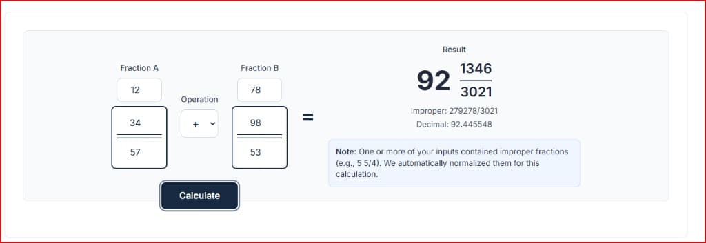 Mixed Fraction Calculator interface displaying a simplified answer, an improper fraction, and the decimal breakdown.