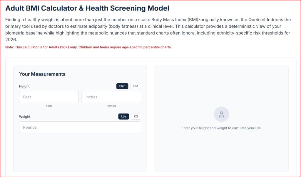 Screenshot of the Definitive Calc Adult BMI Calculator showing the screening model and measurement inputs