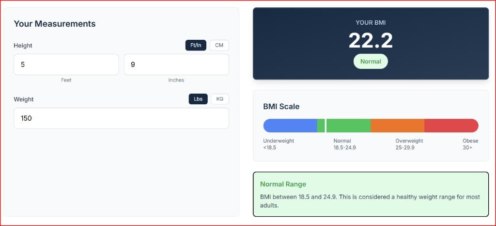 Screenshot of the Definitive Calc BMI Calculator showing a result of 22.2 for a height of 5 feet 9 inches and weight of 150 lbs, illustrating a healthy BMI range.
