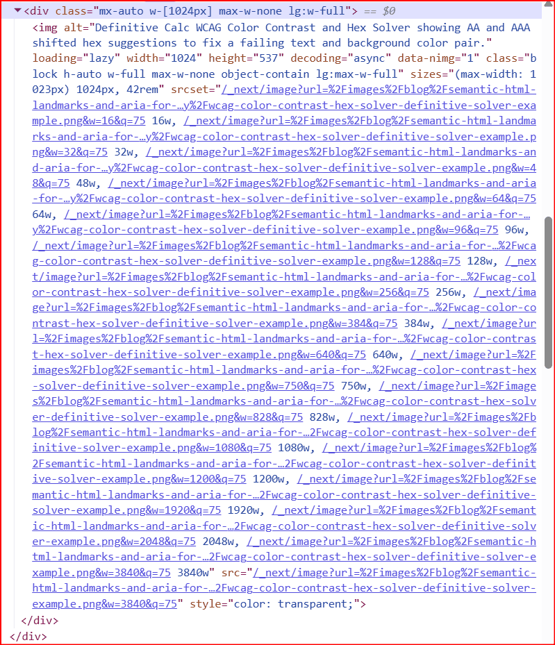 A code snippet from Chrome DevTools showing the rendered HTML img tag with a comprehensive srcset width ladder and sizes attribute generated by the Next.js Image component.