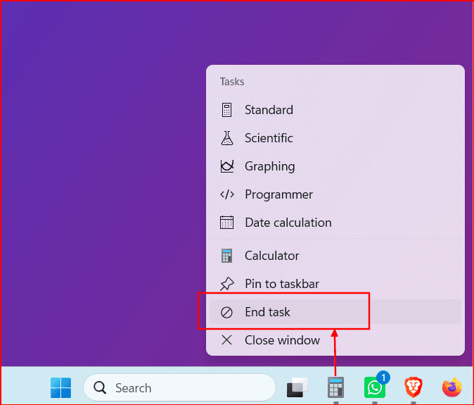 Windows 11 taskbar menu opened from Calculator’s icon. End task is inside a red outline, Close window is the row under it, and a red arrow points from the Calculator icon on the taskbar up to End task.