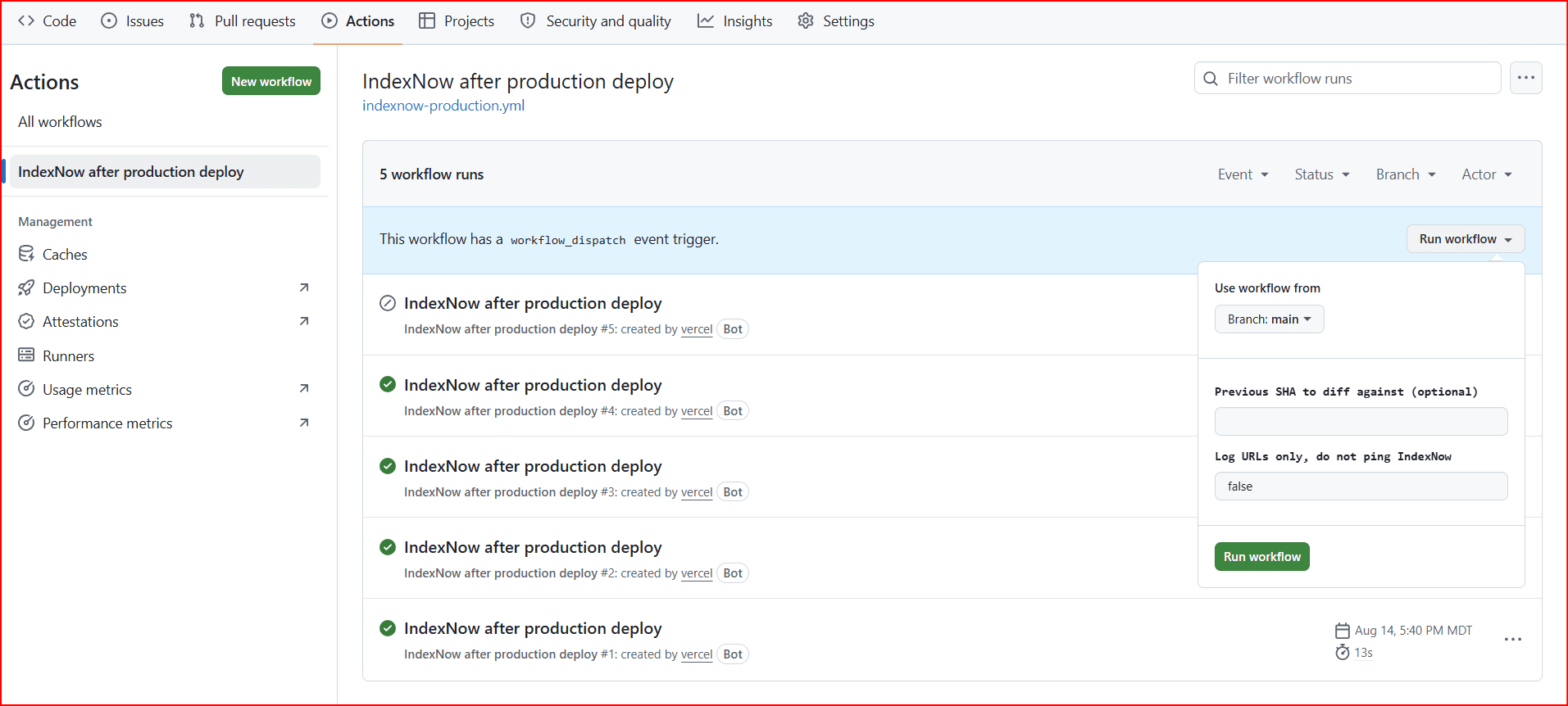 GitHub Actions page for IndexNow after production deploy with the Run workflow panel open. A blue note says this workflow has a workflow_dispatch event trigger. The form shows Branch main, an empty Previous SHA to diff against box, and Log URLs only, do not ping IndexNow set to false.