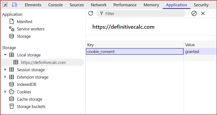 Chrome DevTools Application tab showing the cookie_consent key saved in Local Storage.