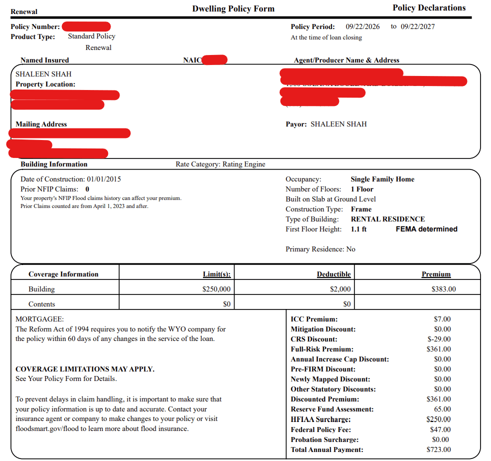 Crop of a flood insurance Policy Declarations page headed Renewal and Dwelling Policy Form. Product type is Standard Policy. Policy period is 09/22/2026 to 09/22/2027. Named insured is Shaleen Shah. Policy number, NAIC, property location, mailing address, and agent or producer name and address are redacted. Type of building is Rental Residence. Occupancy is Single Family Home. One floor, built on slab at ground level, frame construction. Primary residence is No. Building coverage is 250,000 dollars with a 2,000 dollar deductible and a 383 dollar building premium. Contents are 0 dollars. Total annual payment is 723.00 dollars. Prior NFIP claims are 0. This is not the full declarations packet.