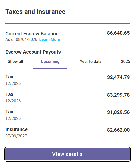 Loan servicer Taxes and insurance screen showing a current escrow balance of $6,640.65 as of August 4, 2026, with upcoming escrow payouts listed for three December 2026 tax bills and a July 2027 homeowners insurance premium.