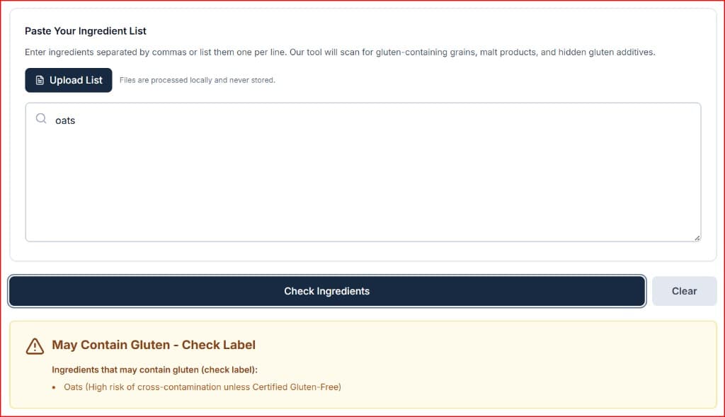 Screenshot of the Definitive Calc Gluten-Free Checker Calculator flagging oats for high risk of cross-contamination unless certified gluten-free.