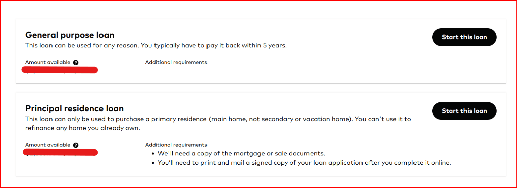 Partial capture of two loan choices in an employer's 401(k) kept at Vanguard. General purpose loan: can be used for any reason, typically paid back within 5 years, with a Start this loan button. Amount available is covered. No additional requirements are listed. Principal residence loan: can be used only to purchase a primary residence, the main home, not a secondary or vacation home, and cannot be used to refinance a home you already own, with a Start this loan button. Amount available is covered. Additional requirements: a copy of the mortgage or sale documents, and print and mail a signed copy of the loan application after completing it online.