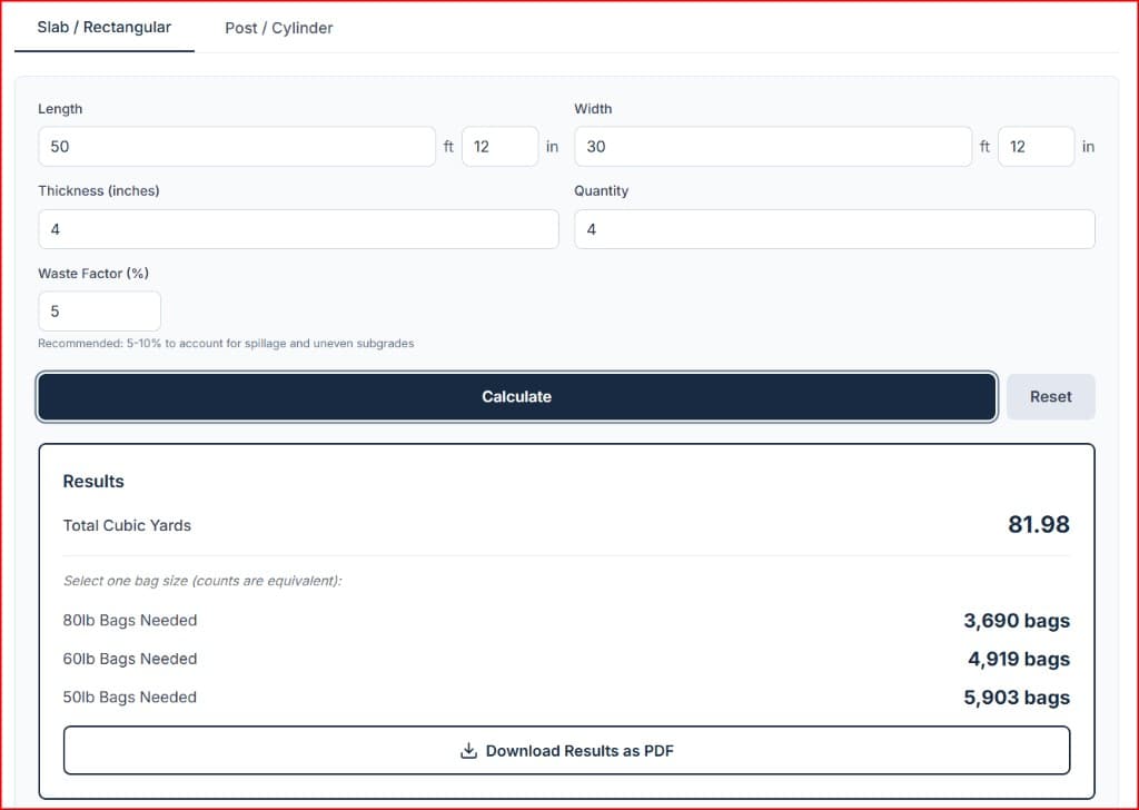 A screenshot of the Definitive Calc Concrete Slab Calculator solving for four 51ft x 31ft rectangular slabs (entered as 50ft 12in and 30ft 12in) at 4 inches thick. The interface shows a 5% waste factor applied. The results panel calculates a total volume of 81.98 Cubic Yards and specifies precise bag counts: 3,690 bags of 80lb mix, 4,919 bags of 60lb mix, and 5,903 bags of 50lb mix.