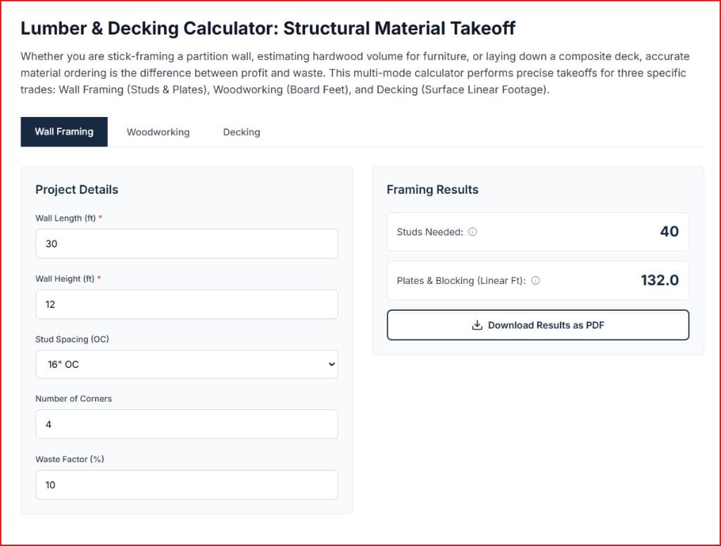 Screenshot of the Definitive Calc framing lumber calculator showing a 30-foot wall takeoff with studs, plates, and fire blocking