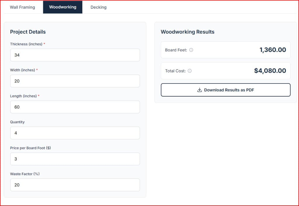 Screenshot of the Definitive Calc Lumber calculator showing the Woodworking tab for board foot and waste factor calculations.