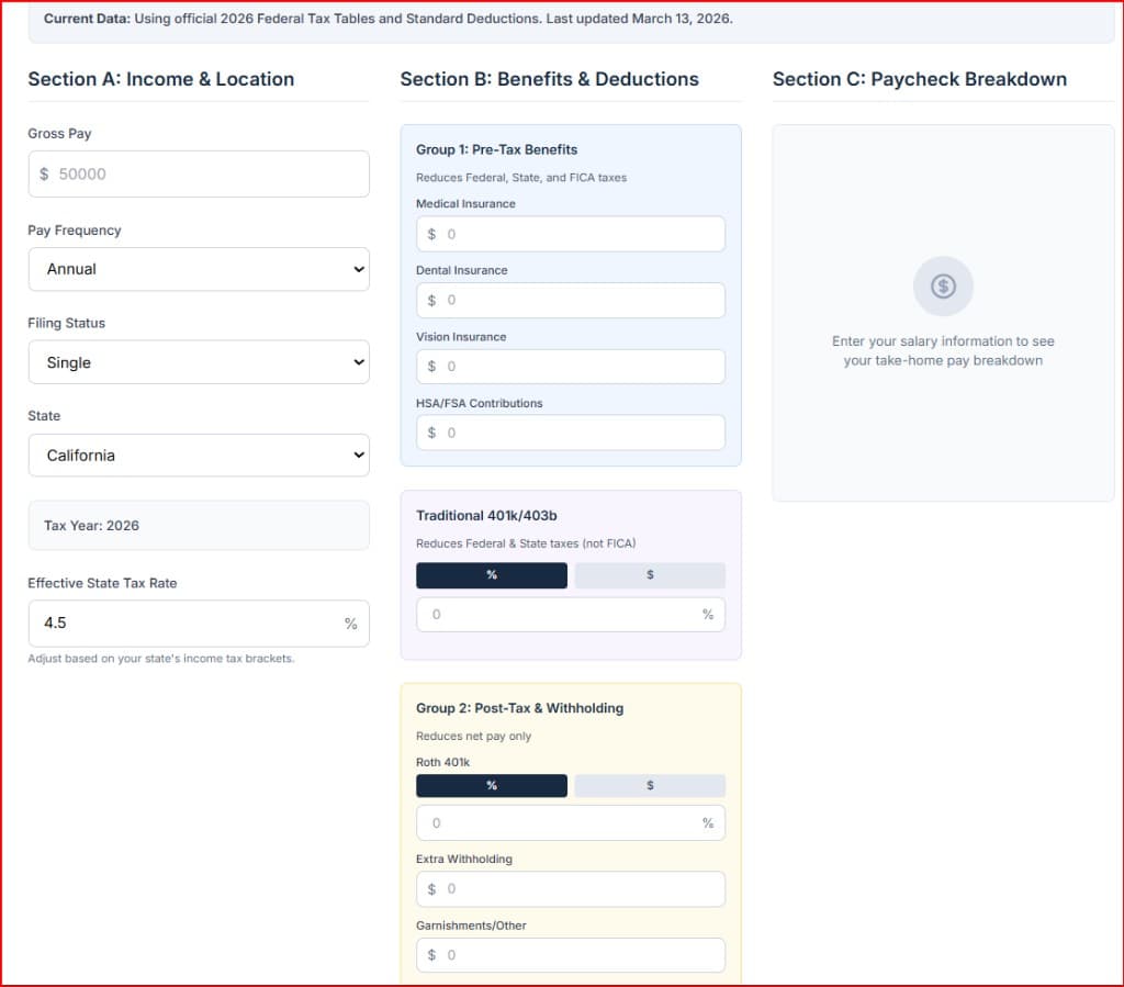 A screenshot of the Definitive Calc Paycheck Calculator interface. The layout is divided into three sections: Section A for income and location (showing a $50,000 placeholder), Section B for benefits and deductions, and Section C for the paycheck breakdown. The breakdown section is currently empty, instructing the user to enter their salary information to see results.