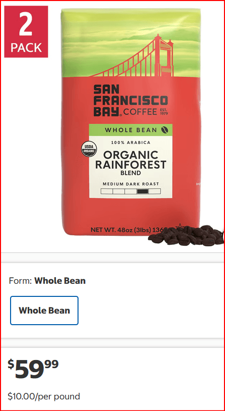 Costco online listing for a two-pack of San Francisco Bay Organic Rainforest Blend whole bean coffee, showing a package price of 59.99 dollars and a unit price of 10.00 dollars per pound.