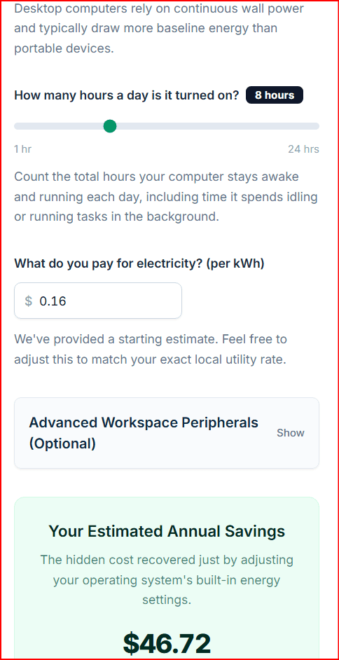 Power Mode Energy Savings Calculator showing daily hours slider, electricity rate input, and estimated annual savings of $46.72.