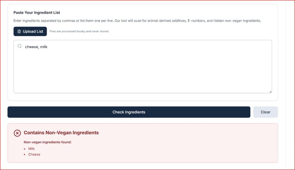 Definitive Calc 'Is It Vegan?' analysis identifying animal-derived ingredients like milk and cheese