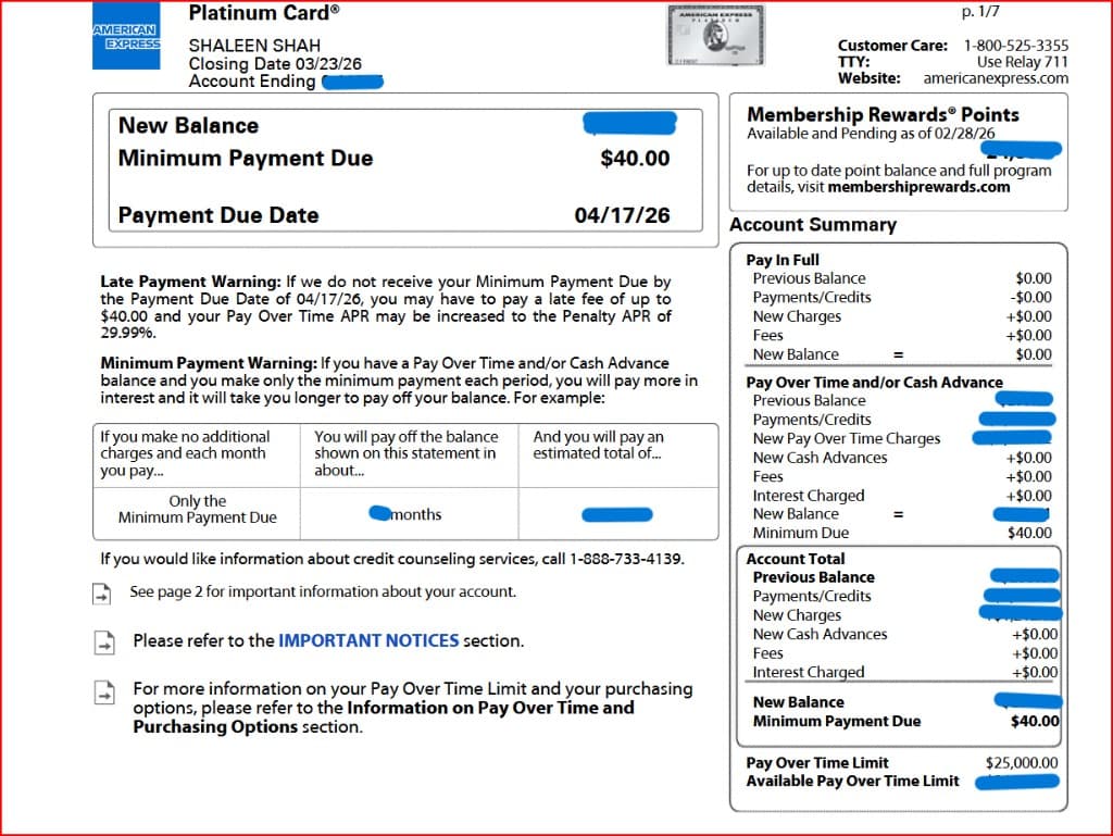 Snapshot of an American Express Platinum statement showing an APR above 20%, used to illustrate the mathematical necessity of the Rule of 76.