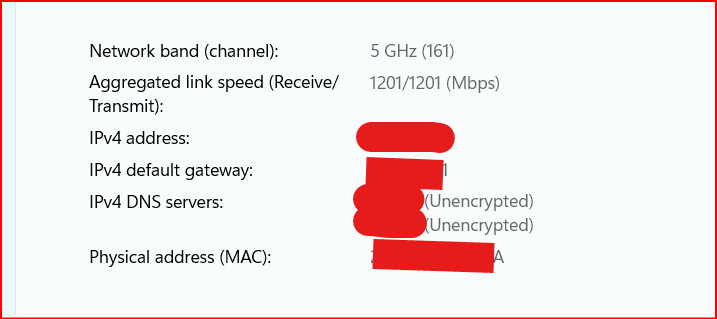 Windows 11 Wi-Fi properties showing Network band 5 GHz channel 161 and Aggregated link speed Receive/Transmit 1201/1201 Mbps. IPv4 address, gateway, DNS servers, and physical MAC address are covered with red redaction marks.