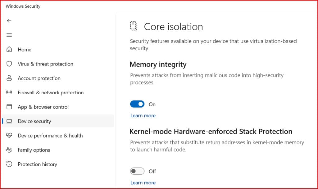 Windows Security Core isolation page: Device security selected in the sidebar, Memory integrity toggled On, and Kernel-mode Hardware-enforced Stack Protection Off. The page states these features use virtualization-based security.
