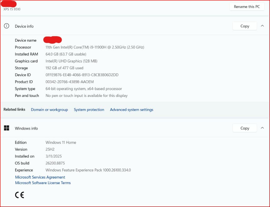 Windows 11 Settings About page for an XPS 15 9510. Device name is covered with a red redaction mark. Windows specs show Windows 11 Home, version 25H2, and OS build 26200.8875, plus processor, RAM, and storage details.