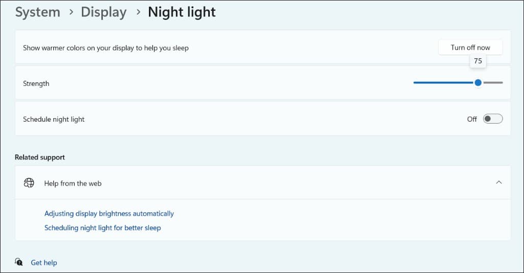 Windows 11 Settings page at System, Display, Night light. Text says show warmer colors on your display to help you sleep. A button says Turn off now, so Night light is currently on. The strength slider is set to 75. Schedule night light is switched Off. Below, Related support is expanded to Help from the web, with links named Adjusting display brightness automatically and Scheduling night light for better sleep. A Get help link sits at the bottom.